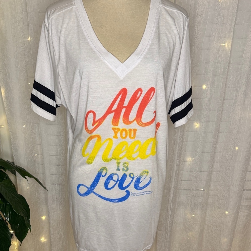 White V-Neck Tee with Colorful Love Print